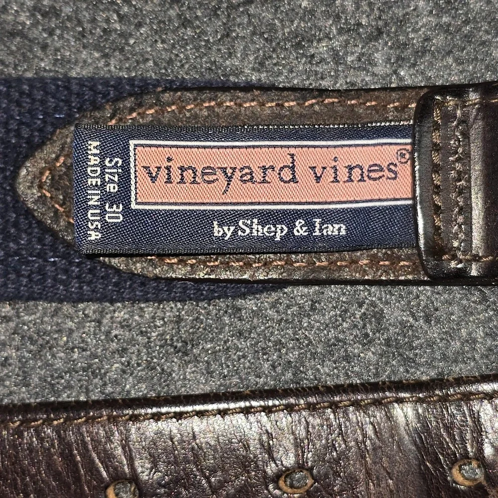 Vineyard Vines Belt Mens Size 30 Blue SMS Logo‎ Ribbon Leather Brass Buckle USA